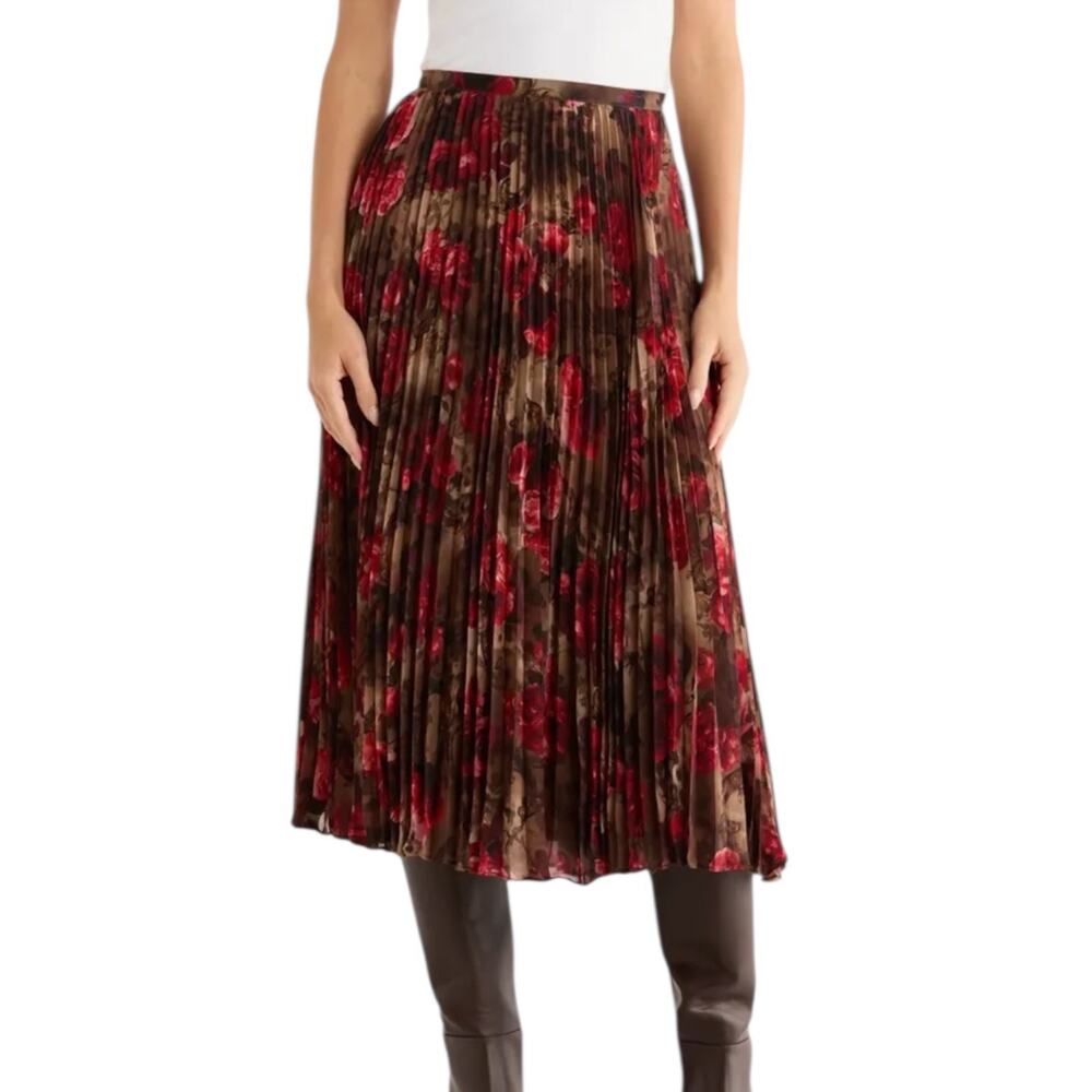 NWT L’ Agence Fernanda Pleated Midi Skirt Dark Red Floral Size 10